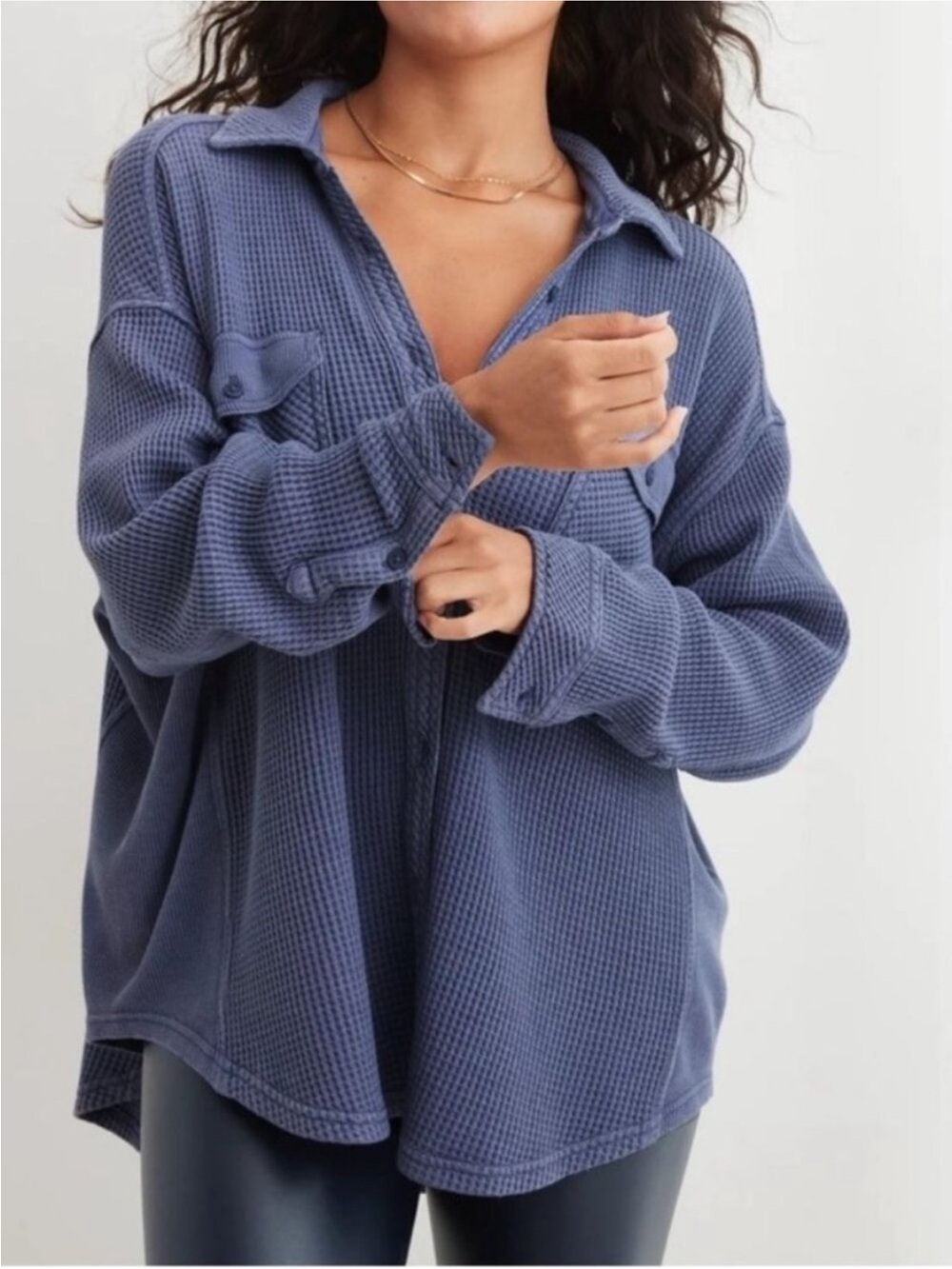 aerie lumberjane Long Sleeve Waffle Knit Shirt Jacket in Dusty Blue